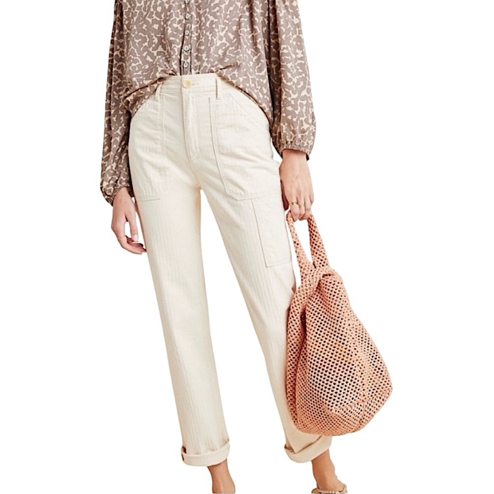 by Anthropologie Ivory Striped High Rise Straight Leg Utility Carpenter Pant 28
